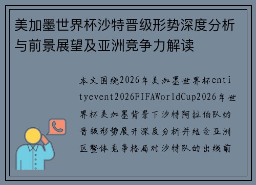 美加墨世界杯沙特晋级形势深度分析与前景展望及亚洲竞争力解读 美加墨世界杯沙特晋级形势深度分析与前景展望及亚洲竞争力解读